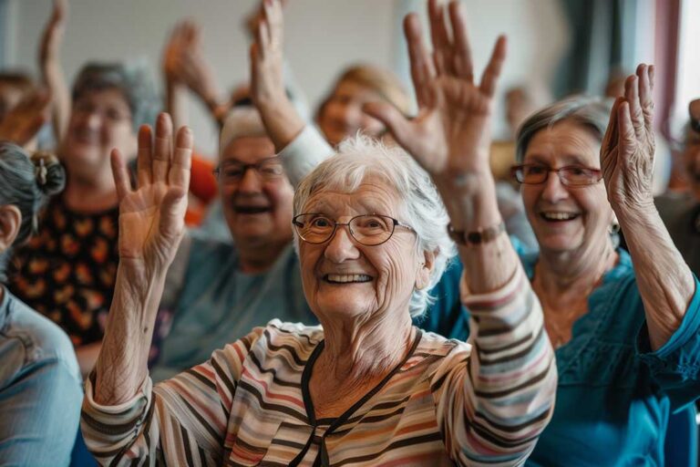 A group of older adults participating in a group activity with supportive staff in a bright, comfortable lounge.